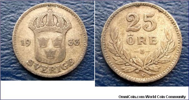 Silver 1933-G Sweden 25 Ore KM#785 Gustaf V Better Date Nice Toned Circ Go Here:

http://stores.ebay.com/Mt-Hood-Coins
