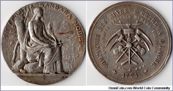 a nice example of the work of the artist and engraver Jean Baptiste Daniel-Dupuis. Silver jeton struck for the Compagnie des Mines a Charbon D'Aniche (Aniche coal mines) circa 1890.