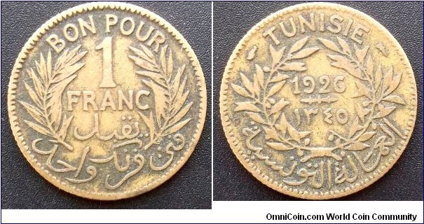 1345-1926 Tunisia Bon Pour 1 Franc KM#247 Key Date Very Nice Circ Go Here:

http://stores.ebay.com/Mt-Hood-Coins