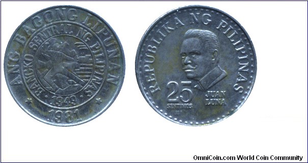 Philippines, 25 sentimos, 1981, Cu-Ni, 21.00mm, Juan Luna.
