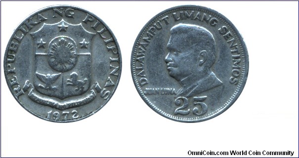 Philippines, 25 sentimos, 1972, Cu-Zn-Ni, 21.00mm, 4.00g, Juan Luna.
