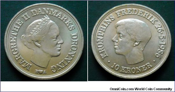 Denmark 10 kroner.
1986, 18th Birthday of Prince Frederik.