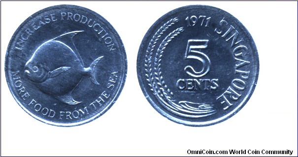 Singapore, 5 cents, 1971, Al, 22.00mm, 1.27g, Pomfret fish, Increase production, more food from the sea.
