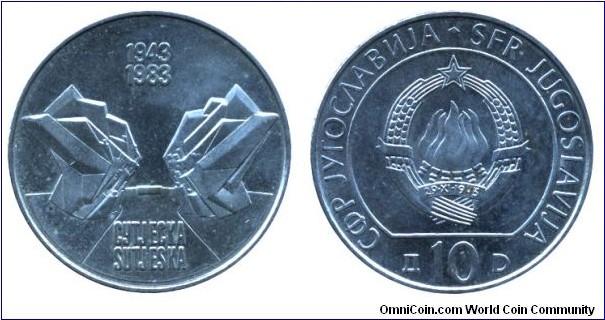 Yugoslavia, 10 dinars, 1983, Cu-Ni, 30.00mm, 1943-1983, 40th Anniversary of the Battle of Sutjeska River.
