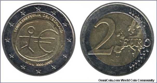 Germany, 2 euros, 2009, Cu-Ni-Ni-Brass, 25.75mm, 8.50g, MM: F, Economic & Monetary Union (WWU): 1999-2009.