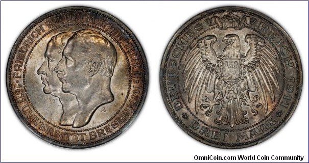 German Empire - Prussia - 3 Mark 1911A PCGS MS62
