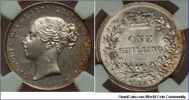 Great Britain 1854 shilling in MS62 grade, a rare coin in any grade but extremely rare in UNC grade