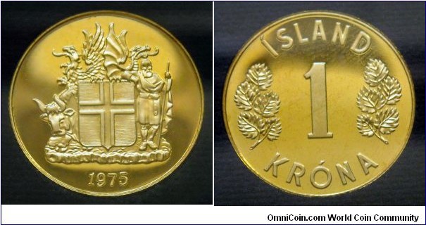 Iceland 1 króna.
1975, Proof. Royal Mint, London. Mintage: 15.000 pieces.