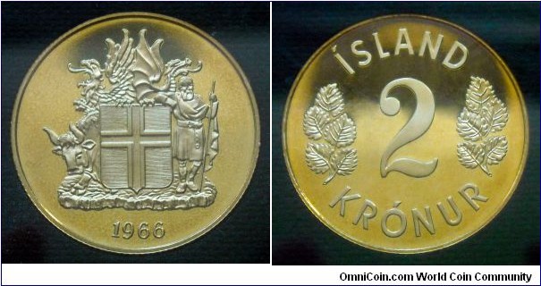 Iceland 2 krónur.
1966, Proof. Royal Mint, London. Mintage: 15.000 pieces.