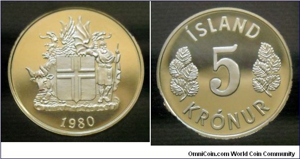 Iceland 5 krónur.
1980, Proof. Royal Mint, London. Mintage: 15.000 pieces.
