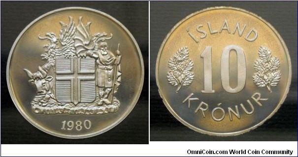 Iceland 10 krónur.
1980, Proof. Royal Mint, London. Mintage: 15.000 pieces.
