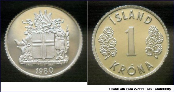 Iceland 1 króna.
1980, Proof. Royal Mint, London.
Mintage: 15.000 pieces.