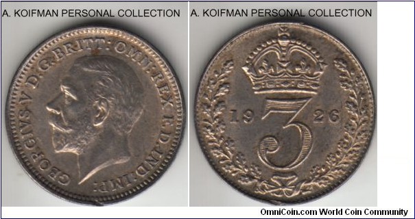 KM-827, 1926 Great Britain 3 pence; silver, plain edge; modified effigy, a hint to identify is the location of the BM on the bust, P in original effigy points at BM while on modified the BM is way to the right of P; about uncirculated but a couple of dings at the edges.