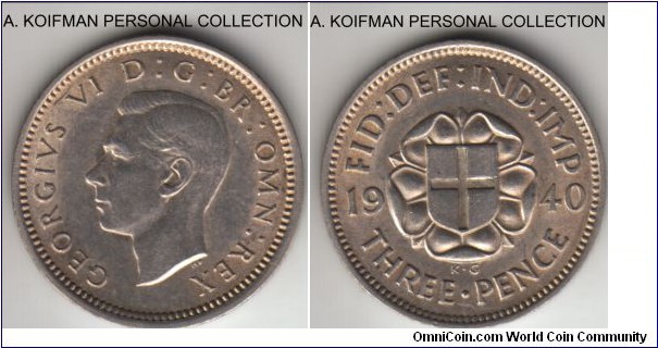KM-848, 1940 Great Britain 3 pence; silver, plain edge; war time issue in uncirculated or about condition.