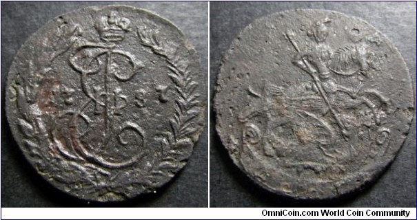 Russia 1787 denga, mintmark KM. Hint of nice details however signs of corrosion. Low weight at 3.93g.