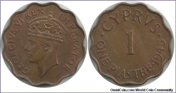Cyprus-British 1 Piastre 1945(4th good condition coin)