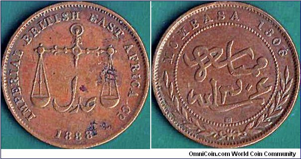 Mombasa AH1306 (1888) C/M 1 Pice.

The only type struck at the Calcutta Mint with a mintmark.

Planchet faults on the obverse.