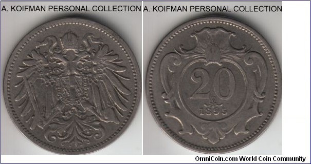 KM-2803, 1895 Austria 20 heller; nickel, reeded edge; fine or better, well circulated.