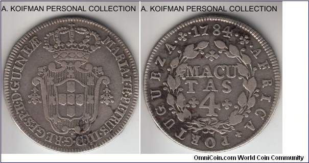 KM-22, 1784 Portuguese Angola 4 macutas; silver, corded edge; good fine to very fine, two year type, mintage 30,000.