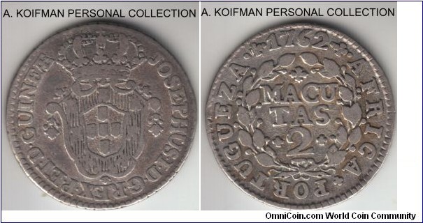 KM-13, 1762 Portuguese Angola (Colony) 2 macutas; silver, corded edge; fine or so, scarce early silver mintage, first year of the type, mintage unknown.