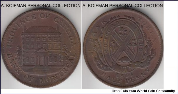 KM-Tn18, 1844 Lower Canada bank token; copper, plain edge; about extra fine but cleaned in the past.