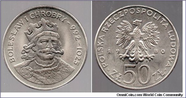 50Zl  Polish Rulers Series King Bolesław I the Brave 967-1025 Reigned as Duke from 992 until 1025, Proclaimed (Himself) King pf Poland 18 April 1025 Died 17 June 1025
Polish Eagle