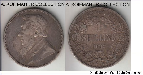 KM-5, 1892 Zuid-Afrikkansche Republiek (ZAR) South Africa shilling; silver, reeded edge; Boer Republic, first year of mintage, about very fine or better.