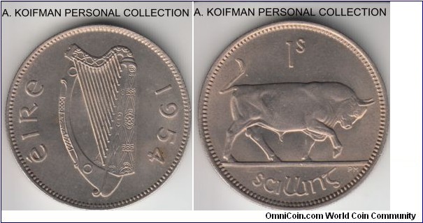 KM-14a, 1954 Ireland shilling; copper-nickel, reeded edge; bright uncirculated, good coin.