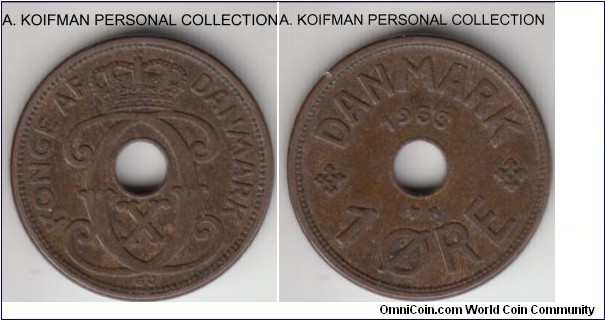 KM-826.2, 1933 Denmark ore; bronze, plain edge; very fine or so, dark brown.