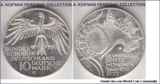 KM-133, 1972 Germany 10 mark, Karlsruhe mint (G mintmark); proof, silver, lettered edge; toned proof specimen, Munich Olympics commemorative.