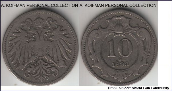 KM-2802, 1893 Austria 10 heller; nickel, reeded edge; very good to fine, well circulated.