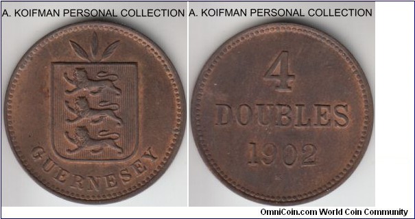KM-5, 1902 Guernsey 4 doubles, Heaton mint (H mint mark); bronze, plain edge; mostly brown uncirculated, mintage 105,000.