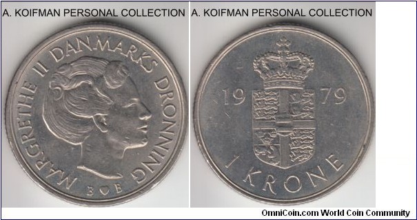 KM-862.2, 1979 Denmark krone; copper-nickel, reeded edge; about uncirculated to uncirculated.