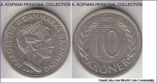 KM-864.1, 1979 Denmark 10 kroner; copper-nickel, plain edge; average uncirculated or almost.