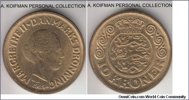 KM-867.1, 1989 Denmark 10 kroner; aluminum-bronze, plain edge; average uncirculated or about.