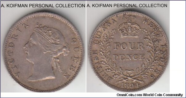 KM-26, 1894 British Guyana (British West Indies) 4 pence; silver, reeded edge; strong extra fine, some luster remaining with the nice runmetal toning, smaller mintage. 
