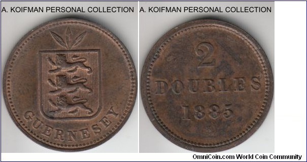 KM-9, 1885 Guernsey 2 doubles, Heaton mint (H mint mark); bronze, plain edge; mostly brown uncirculated or about, spotted toning, mintage 71,000.