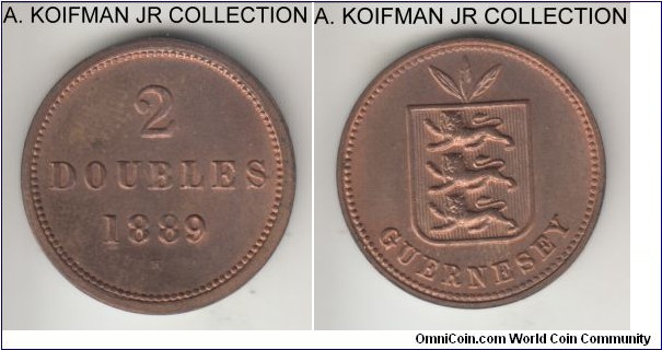 KM-9, 1889 Guernsey 2 doubles, Heaton mint (H mint mark); bronze, plain edge; Victoria period, red brown uncirculated, small mintage of 36,000 but not scarce.