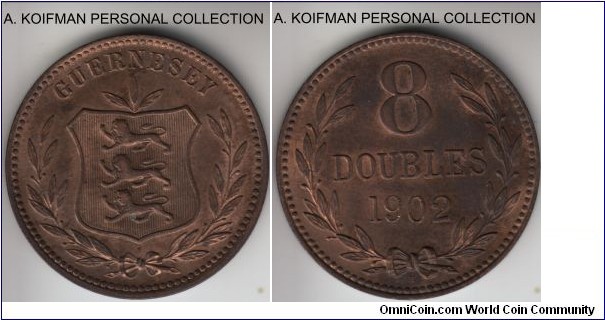 KM-7, 1902 Guernsey 8 doubles, Heaton mint (H mint mark); bronze, plain edge; this penny size coin is mostly brown uncirculated.