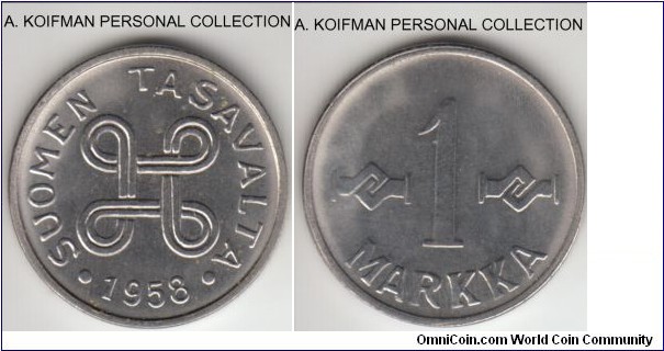 KM-36a, 1958 Finland markka; nickel plated iron, plain edge; bright uncirculated.