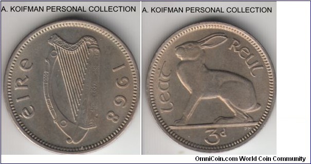 KM-12a, 1968 Ireland 3 pence; coppernickel, plain edge; bright uncirculated, nice coin for this elusive type.