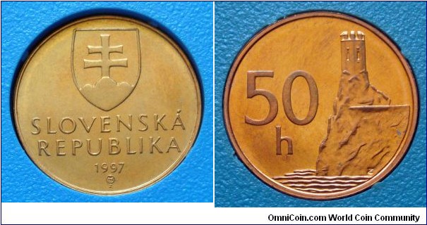 Slovakia 50 halierov from 1997 mintset. Only issued in sets. Mintage: 11.500 pieces.
