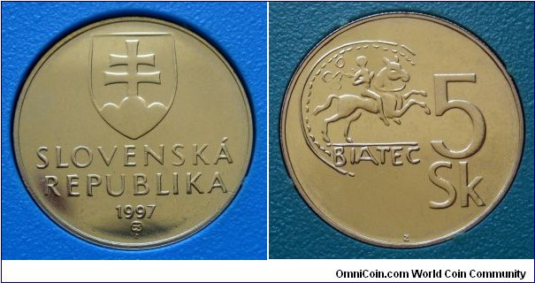Slovakia 5 korun from 1997 mintset.
Only issued in sets.
Mintage: 15.000 pieces.