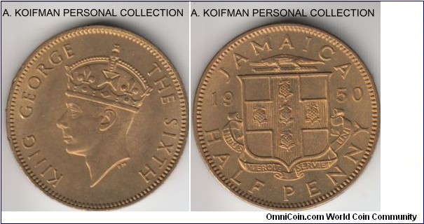 KM-34, 1950 Jamaica half penny; nickel-brass, plain edge;  red good uncirculated.