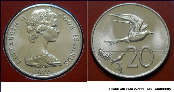 Cook Islands 20 cents.
1974, Cu-ni. Weight; 11,31g. Diameter; 28,52mm.
Mintage: 5.500 pieces.