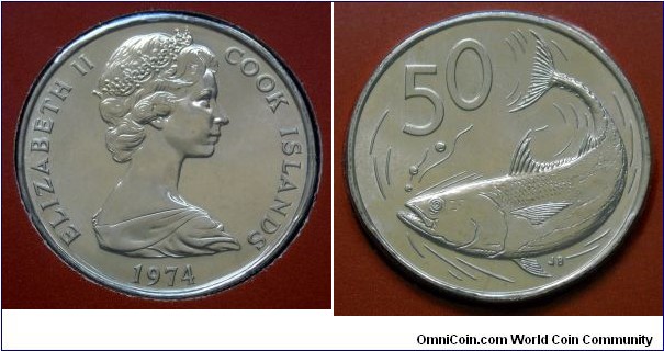Cook Islands 50 cents.
1974, Cu-ni. Weight; 13,8g. Diameter; 31,75mm.
Mintage: 10.000 pieces.