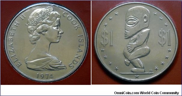 Cook Islands 1 dollar.
1974, Cu-ni. Weight; 27,20g. Diameter; 38,50mm.
Mintage: 20.000 pieces.