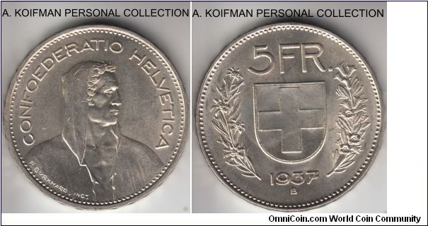 KM-40, 1937 Switzerland 5 francs, Bern mint (B mint mark);  silver, raised lettered edge; scarcer year, average uncirculated, white, almost no toning.