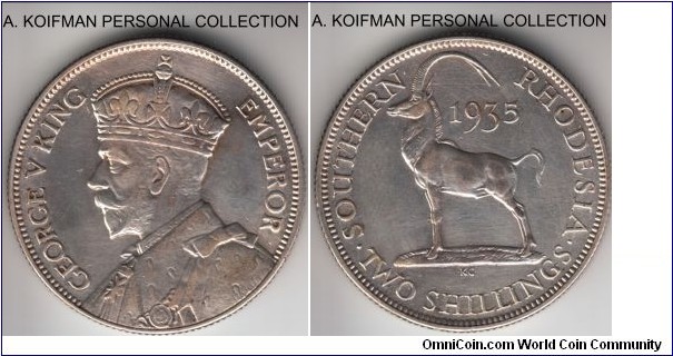 KM-4, 1935 Southern Rhodesia 2 shillings; silver, reeded edge; extra fine details,  cleaned, a bit of recent toning from exposure.