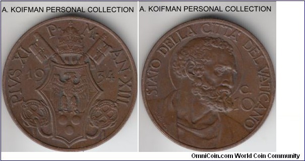 KM-2, 1934/XIII year of Pius XI 10 centesimi; bronze, plain edge; average uncirculated or almost, mintage 90,000.